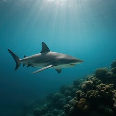 Obraz premium Shark swimming over coral reef in clear ocean water