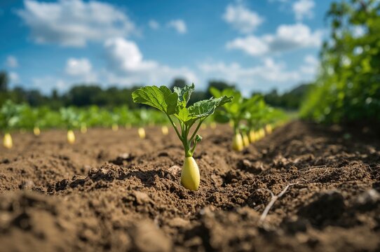 Sprouted pointed gourd plants emerging from tilled soil