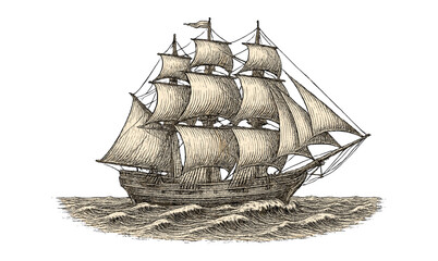 Vintage sailing ship with billowing sails on ocean waves in engraved style