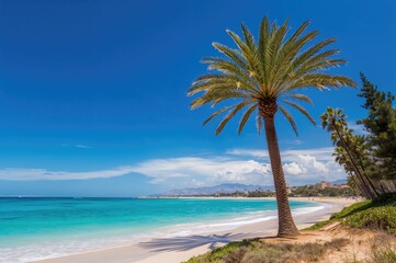 Fototapeta premium Tropical tree by the ocean under a clear summer sky