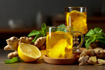 Ginger tea with lemon and mint.
