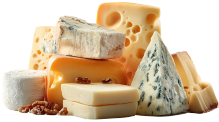Assortment of gourmet cheeses stacked together isolated on transparent background