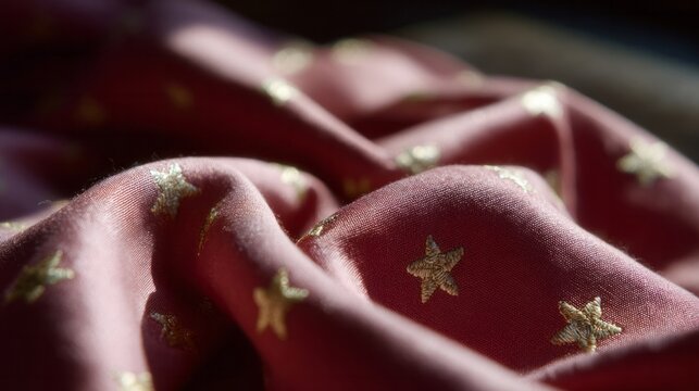 Golden stars dance on shimmering magenta fabric, evoking celestial wonder and Diwali night enchantment, tactile cosmic allure