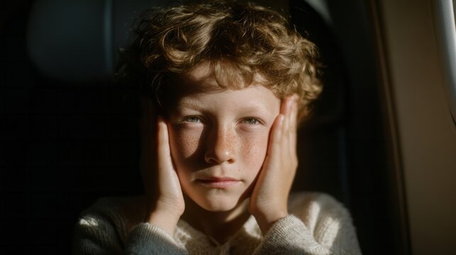 A contemplative young boy, Caucasian, framed by sunlight, ponders fleeting memories, as echoes of National Day of Listening linger