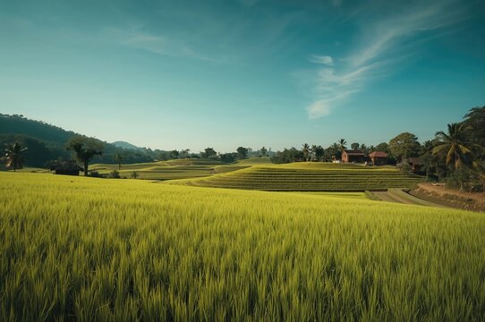 Lush Green Rice Paddy in a Rural Setting