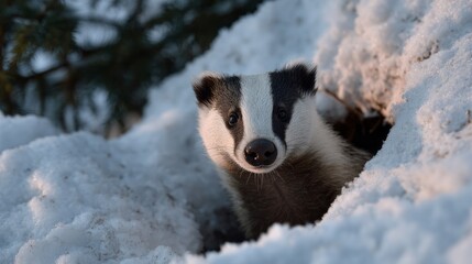 Curious badger peeks through winters frosty veil, evoking Imbolc's awakening whispers and the mystical Badger's Moon tales