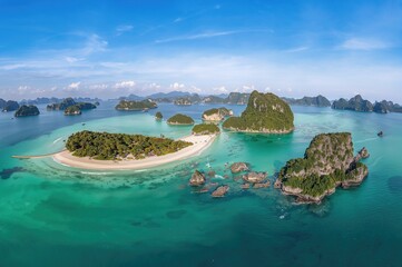 Obraz premium Scenic views of islands in a protected marine park featuring Sleeping Cow Island, Three Pillars Island, Ko Wua, Talap Buaboke Cave, and Ko Paluay.