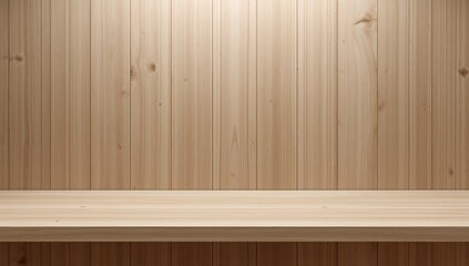 Wooden shelf and table view for showcasing items and website design. Studio interior with wooden backdrop. White background isolated.