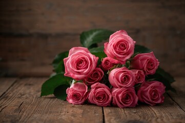 Naklejka premium Pink roses displayed on a rustic wooden background
