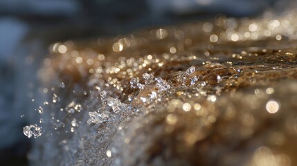 Shimmering ice crystals dance atop a sunlit rock, capturing winter's fleeting magic, echoing Yule and Frost Fest mysteries
