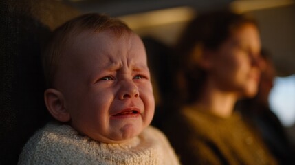 A tearful baby with fair skin in an airplane cabin, evoking turbulence tales and International No Housework Day vibes