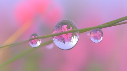 Water droplets on grass reflecting pink flowers with soft blurred background