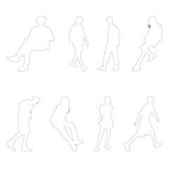 Set of 8 people silhouettes. Sitting, standing, walking and rest.