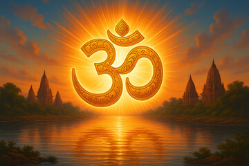 Mystical Om symbol glowing and reflecting on the water with a beautiful temple scene at sunset