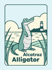 Cartoon Alligator Sitting Shaded in Green and Gray Illustration