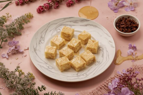 Dessert plate featuring slices of delicious marble halva on a pink surface