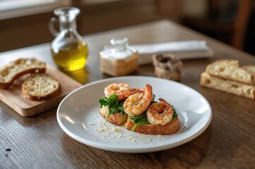 Dish of shrimp and spinach bruschetta served on a wooden table