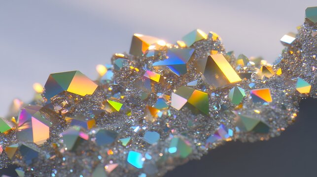 Close up sparkling iridescent gemstones with a glittery surface, crystal abstract background