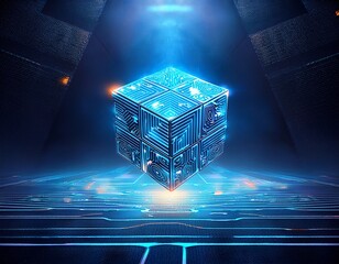 Glowing Blue Digital Cube Floating in Futuristic Environment.