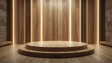 Modern Wooden Podium Stage with LED Lights for Product Display Background 3D Render