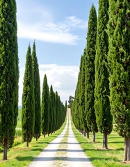 Country lane lined with cypress trees