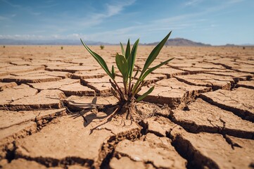 Vegetation growing in parched, fractured soil
