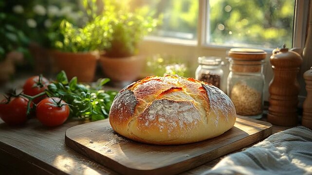 Freshly Baked Bread on a Wooden Board with Tomatoes and Herbs.