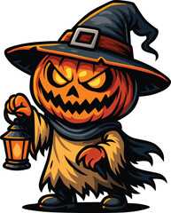 Scary pumpkin-headed character wearing witch hat holding lantern for Halloween night