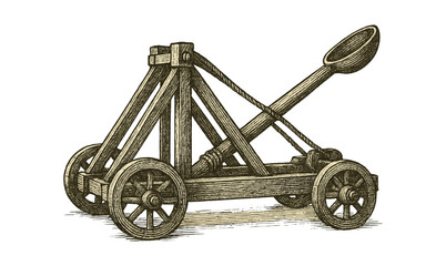 Medieval siege weapon catapult in vintage engraving style