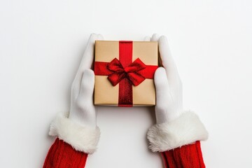 Hands holding a christmas gift box gloves white santa.