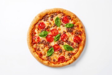Flatbread topped with ground beef, tomatoes, cheese, and fresh basil on a white backdrop