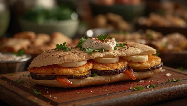 Stuffed pita filled with fried eggplant and boiled eggs from Middle Eastern Jewish cuisine