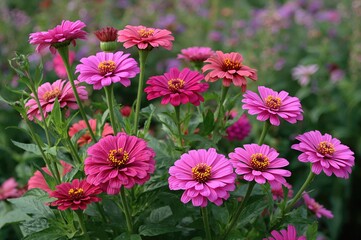 Obraz premium Charming assortment of single, double, and semi-double pink zinnia blooms on tall stems
