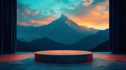 Minimalist 3D Render Podium with Dramatic Mountain Sunset View for Product Display Mockup