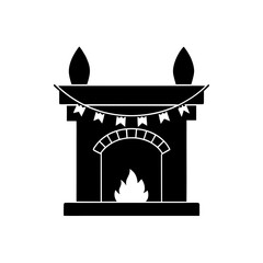 Decorated fireplace with burning fire on transparent background silhouette