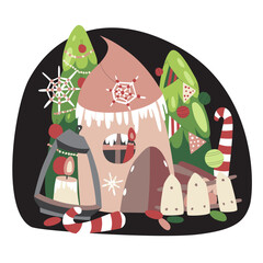 Flat style vector illustration on a New Year's theme. A cute little New Year's house with Christmas trees and decorations.