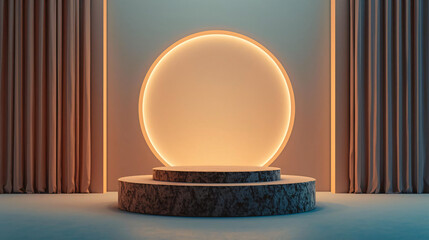 Minimalist Two-Tier Podium with Glowing Circle Background for Product Display 3D Render