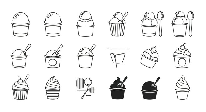 A collection of various ice cream cups and desserts presented in simple line art.