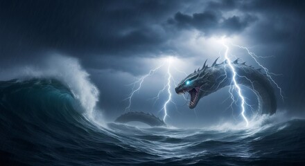 Giant sea monster emerges from stormy ocean water with lightning striking around it. Mythical creature in dark wave for adventure story.