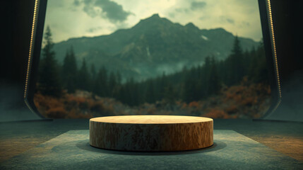 Modern Wooden Product Display Podium Against Epic Mountain Nature Scene 3D Render