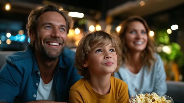 Parents and their kid chuckling together during a movie in a cozy home setting, family entertainment joy, parents child movie time, home fun moment, family laughter night, with cop
