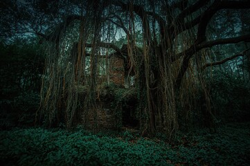 Deserted brick house remnants found near a large tree entwined with vines in dense woodland. Eerie, ghostly setting. Concept for a suspenseful mystery novel cover.