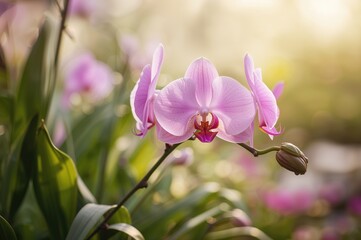 Obraz premium Light Background with Pink Orchid in a Garden Setting, Abstract Floral Theme, Summer and Spring Nature Elements, Grass and Leaves Included