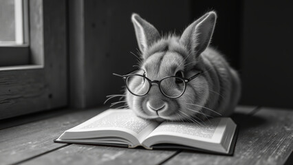 Cute rabbit wearing glasses rests open book, creating whimsical and cozy atmosphere. black and white tones enhance charm of this delightful scene
