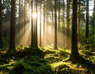 Sunlight streams through a misty forest