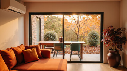 Cozy living room with view of autumn landscape, featuring comfortable orange sofa, dining table, and vibrant foliage outside