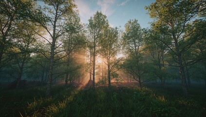 Obraz premium Sunrise view over a beautiful woodland