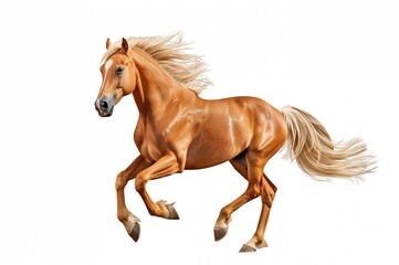 Obraz premium Galloping Palomino horse with flowing mane running wild on plain background