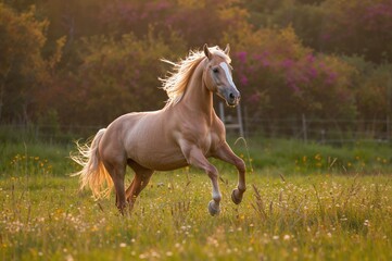 Obraz premium Golden horse galloping through a field at dusk