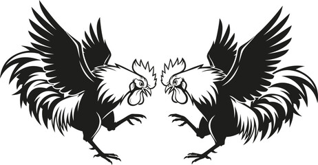 Obraz premium Pair of fighting roosters facing each other, symbolizing strength and competition. Vector illustration for emblem or logo design